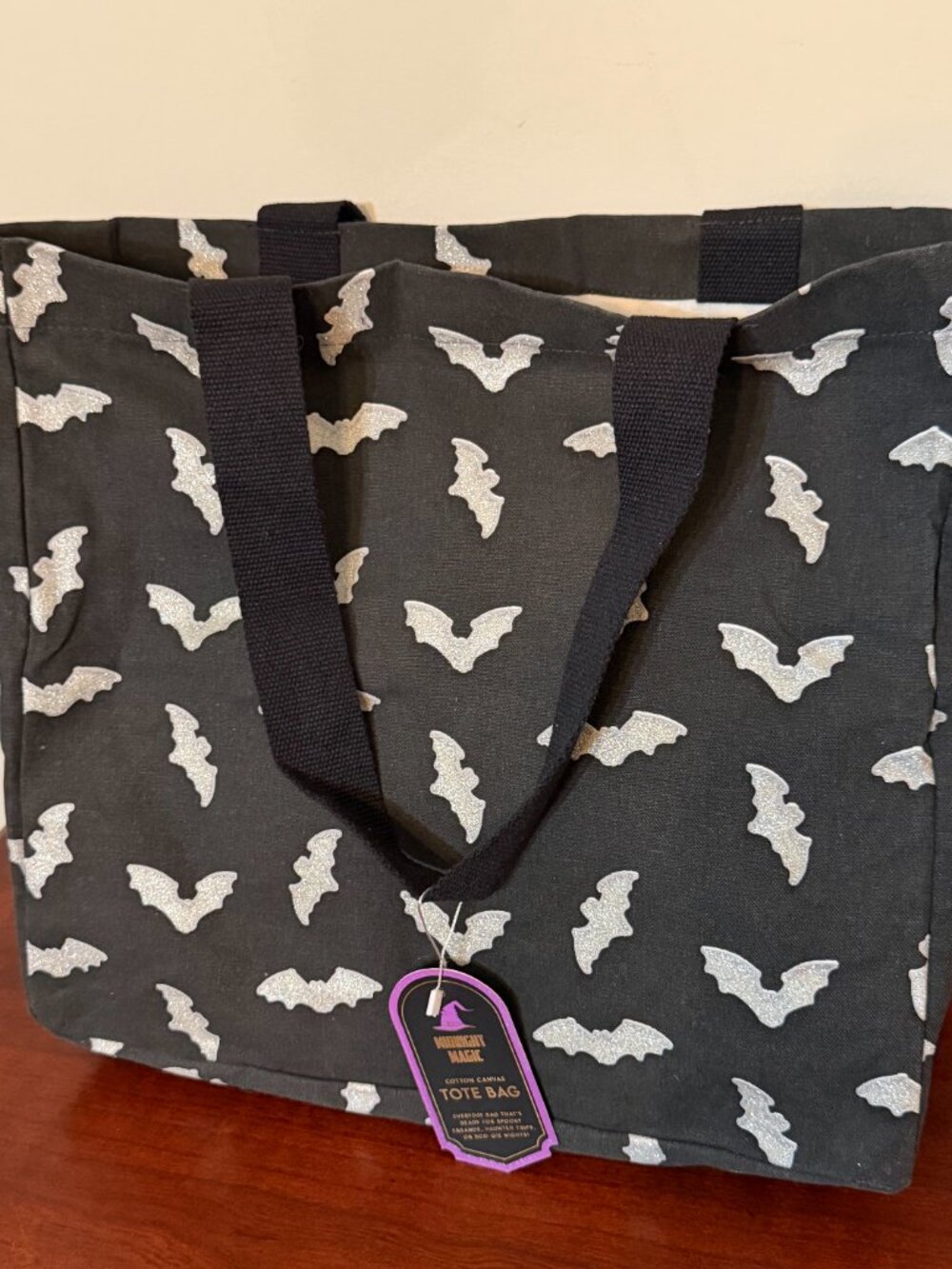 Midnight Magic Cotton Canvas Tote Bag Halloween Bats Black Glitter Handles